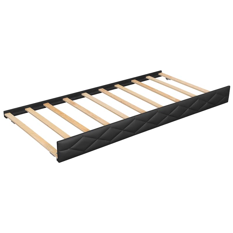 Full XL Size Upholstered Daybed with Trundle Bed and LED Armrests, Rhombic Blocks Frame Sofa Bed, U-shape Bed Frame