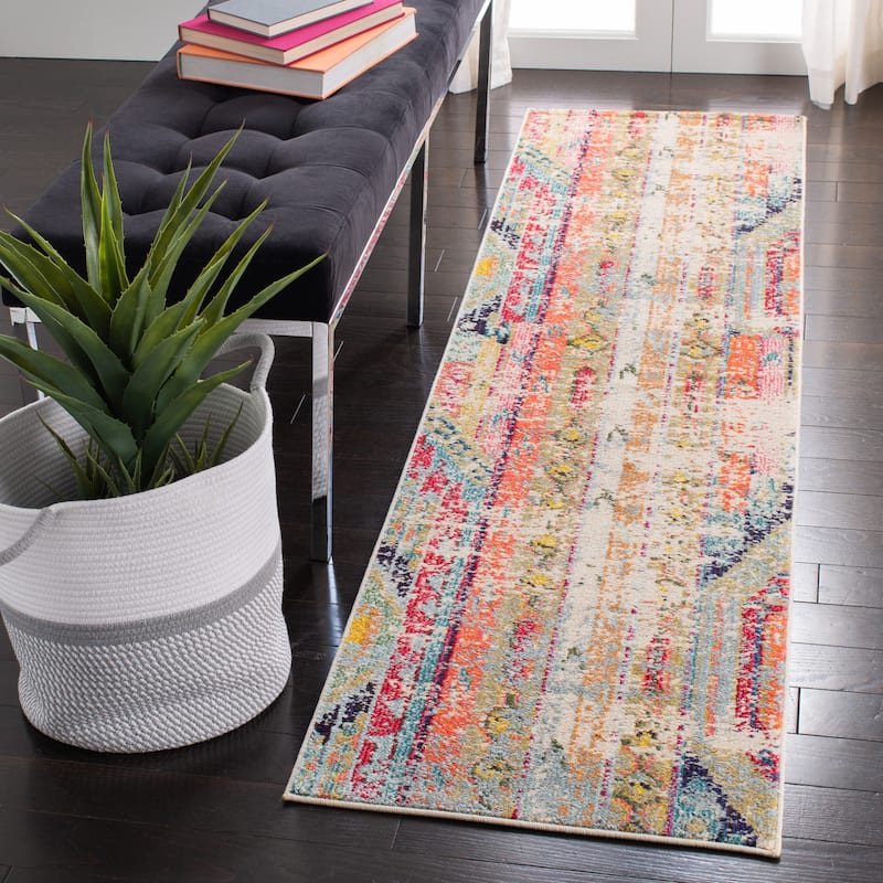 SAFAVIEH, Madison Sonya Abstract Boho Distressed Rug - 2'2" x 10' Runner - Blue/Orange