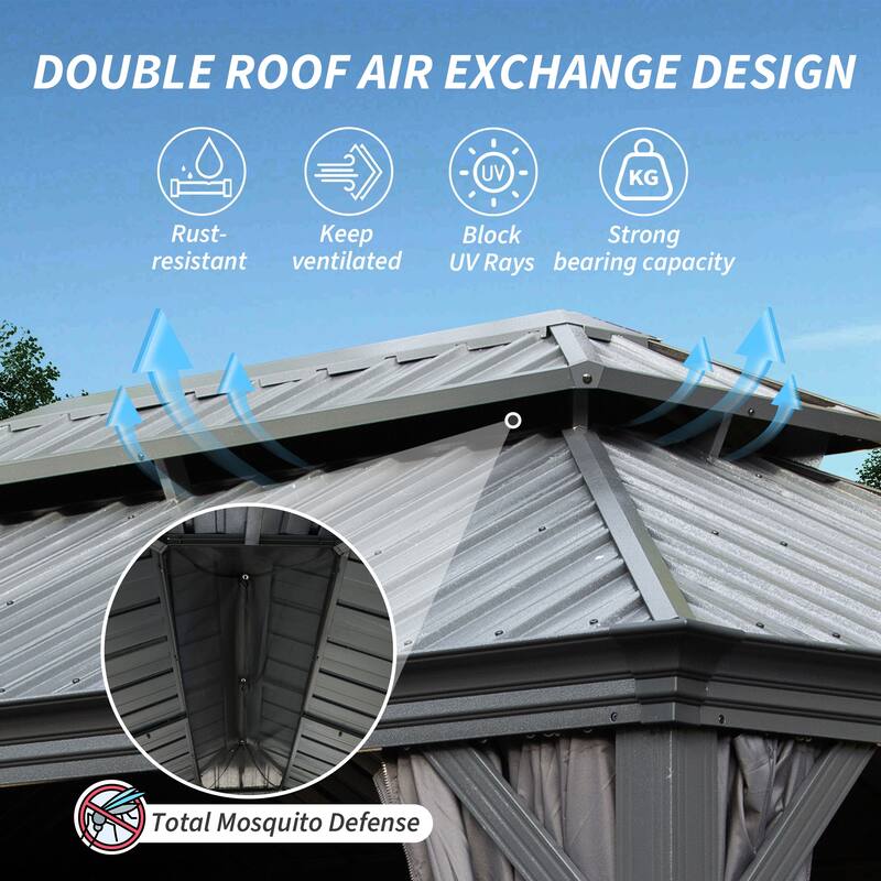 10' X 14' Hardtop Gazebo with Drainage System, Galvanized Steel Roof, Curtains, and Netting for Outdoor Living