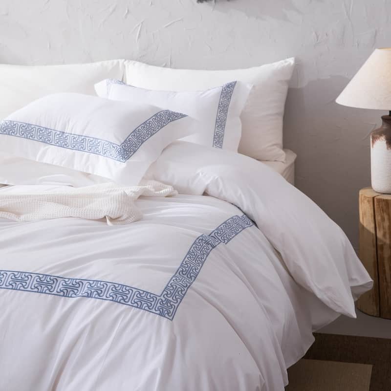 Wholelinens Cotton Percale Hotel Duvet Cover Set, Geo Embroidery