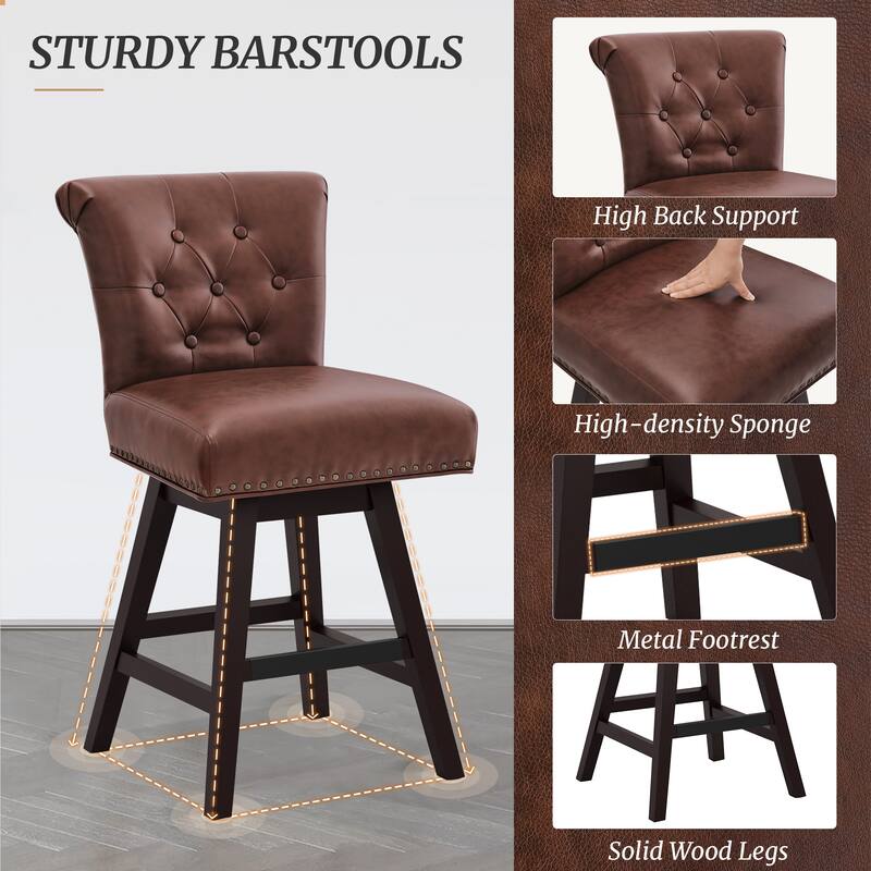 Modern 26.in Swivel Bar Stool Armless Counter Height Stool with Wooden Legs for Kitchen Island
