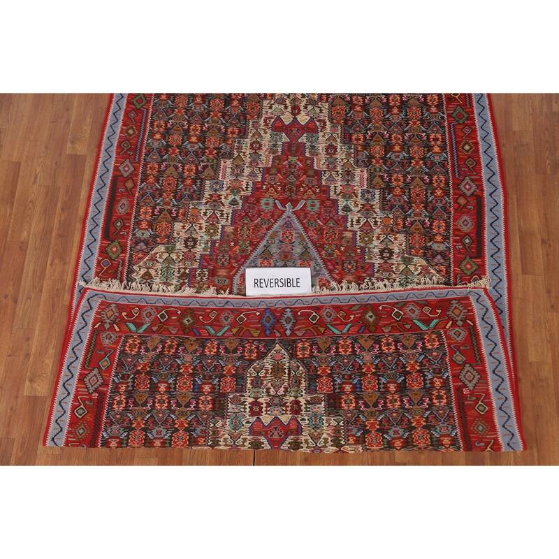 Geometric Kilim Senneh Persian Vintage Area Rug Flatweave Wool Carpet - 5'6" x 8'2"