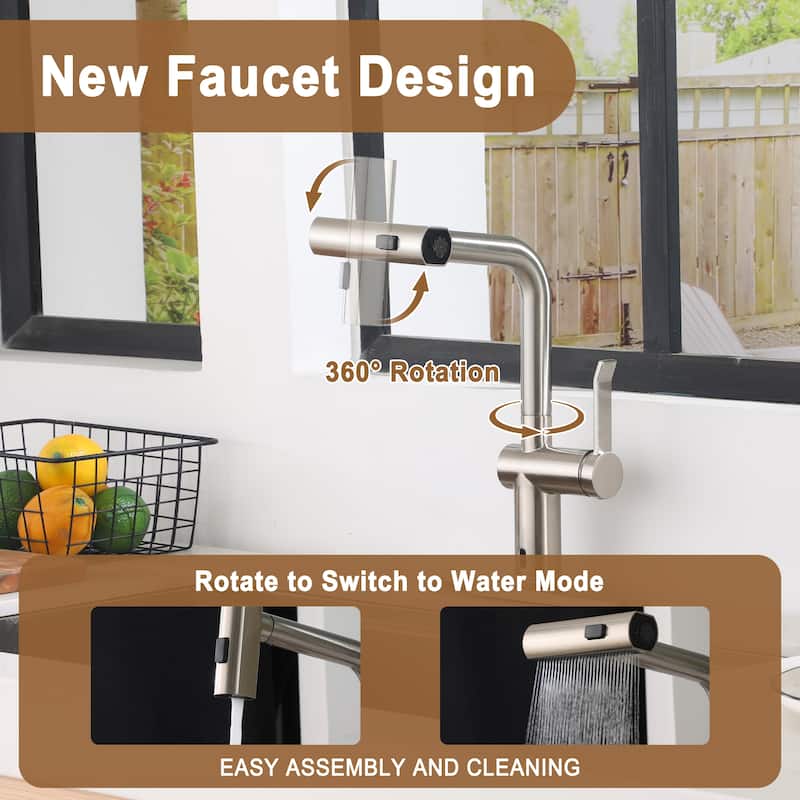 Single Handle Pull Down Sprayer Kitchen Faucet with 3 Functions Spray