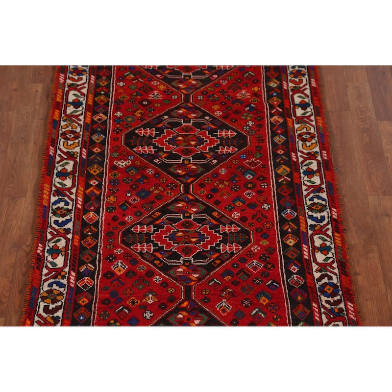 Hand Knotted Oriental 100% Wool Carpet Traditional Tribal Red Shiraz Runner Rug - 10' 8'' X 3' 2''