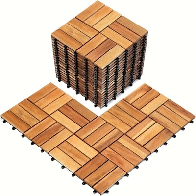 10pcs Deck Tiles - 11.8"x11.8" Interlocking Natural Solid Acacia Wood for Outdoor & Indoor, Patio Garden, Balcony, Poolside