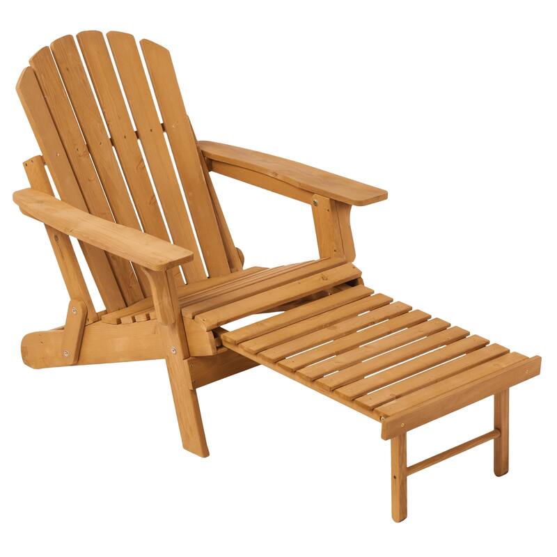 Outdoor Wooden Folding Adirondack Chair with Retractable Ottoman, Pre-Assembled BackRest & SeatBoard, Wood Patio Chair - Light Brown