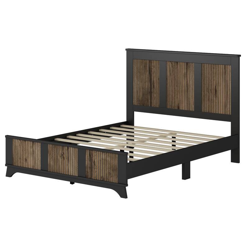 Stylish Platform Bed Slats Support Wood Bed, Rustic Farmhouse Style Bed Frame with Wooden Strip Decoration Elevated Headboard