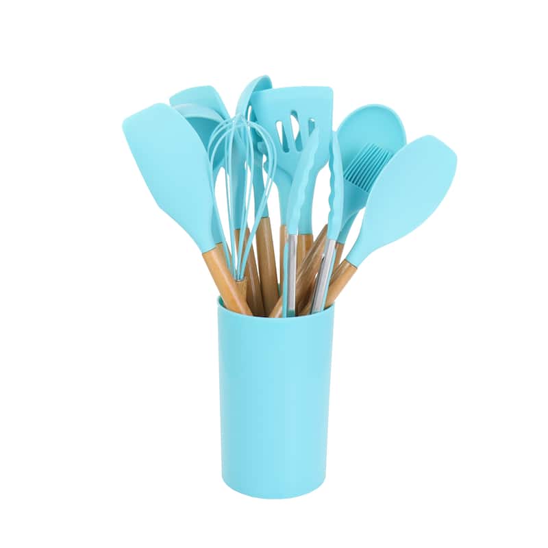 MegaChef 12 Piece Light Teal Silicone and Wood Kitchen Utensil Set