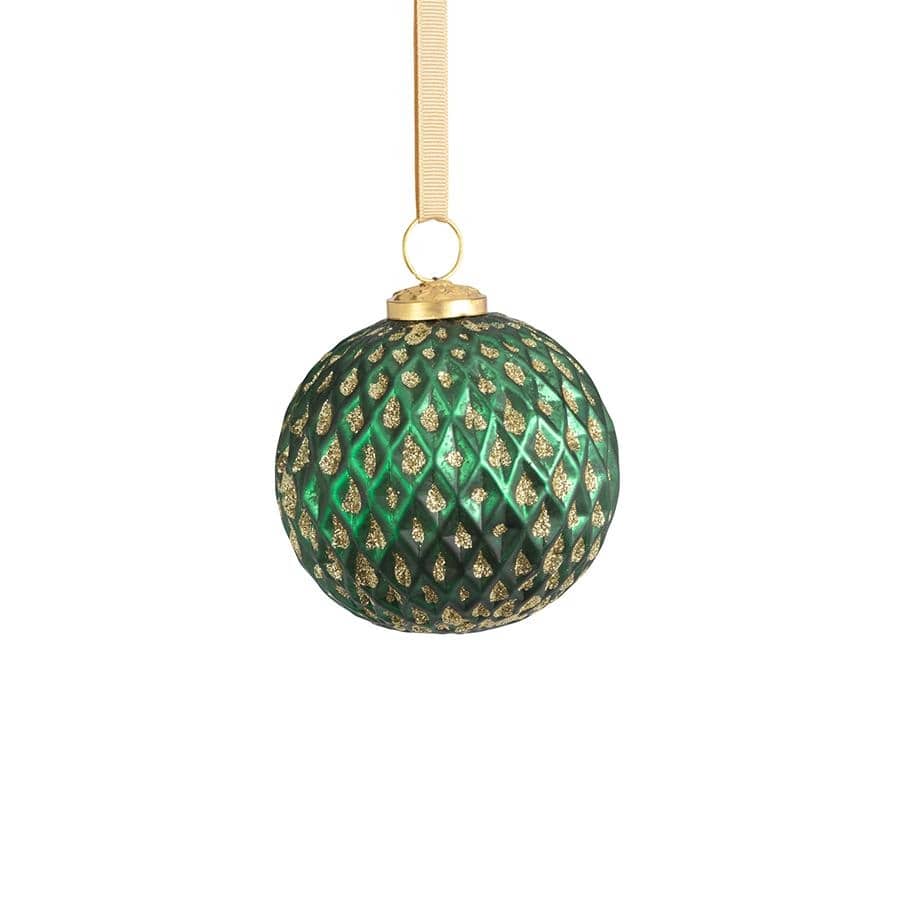 4" Beehive Green with Gold Glitter Ball Ornaments, Set of 6