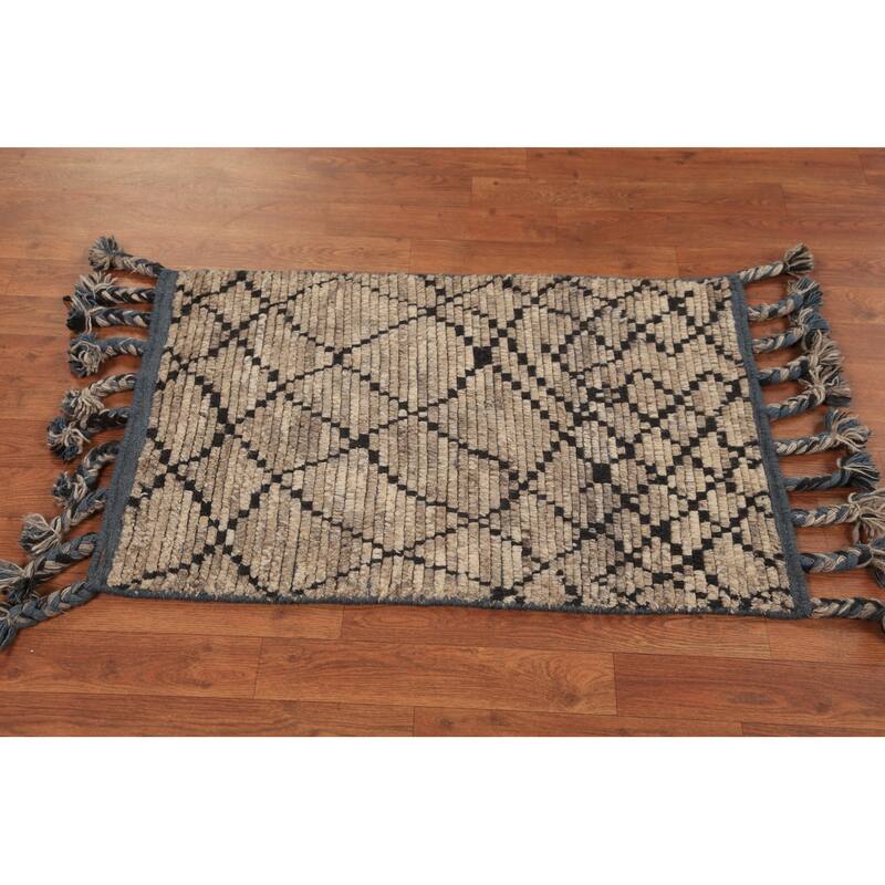 Beige Moroccan Oriental Foyer Rug Hand-Knotted Wool Carpet - 2'0"x 3'0"