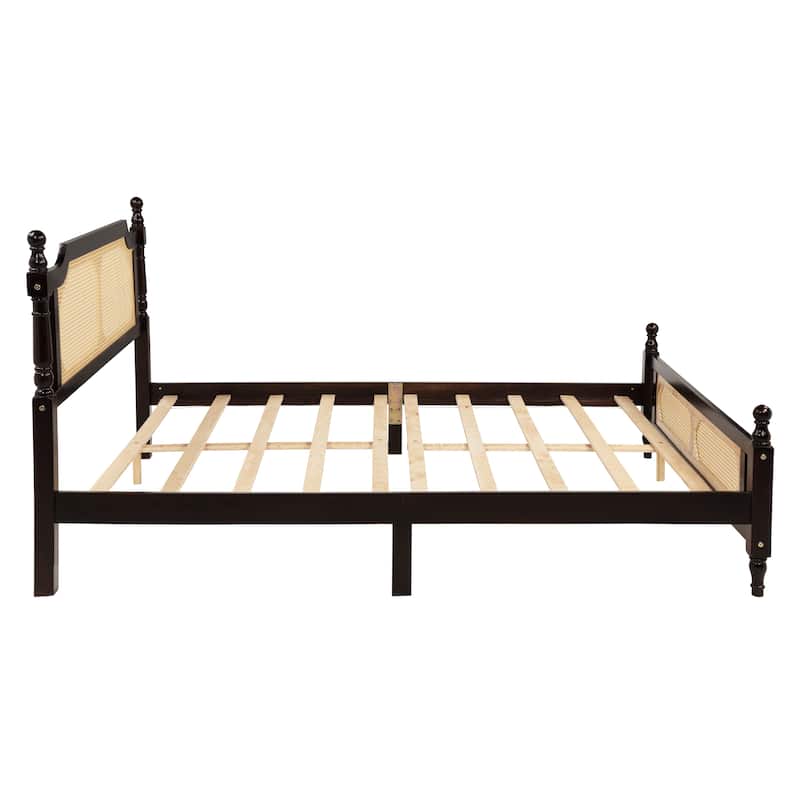Queen Pine Wooden Bed with Rattan Headboard and Footboard, Central Enhanced Bed Platform, Espresso