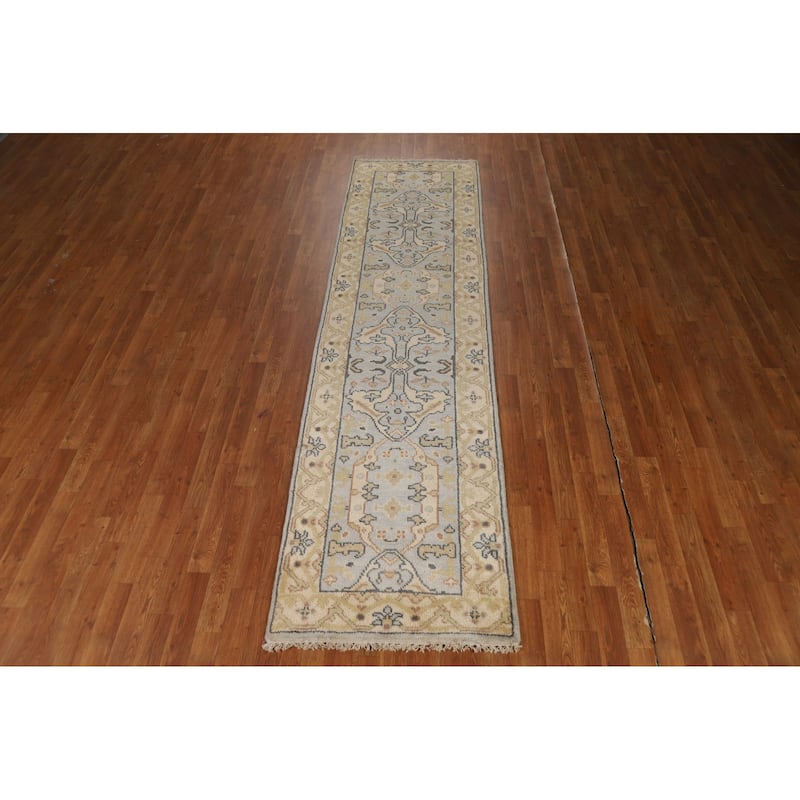 Oushak Indian Runner Rug Handmade Grey Floral Wool Carpet - 2'7"x 9'11"