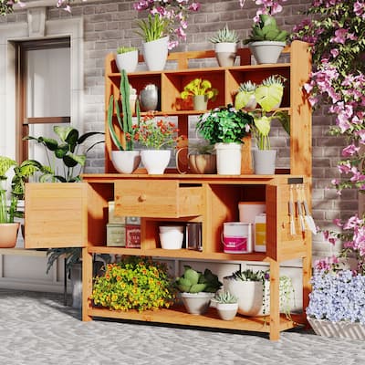 Solid Fir Wood Potting Bench Garden Workstation with Hutch, Drawer & Adjustable Shelves, Outdoor Garden Work Table