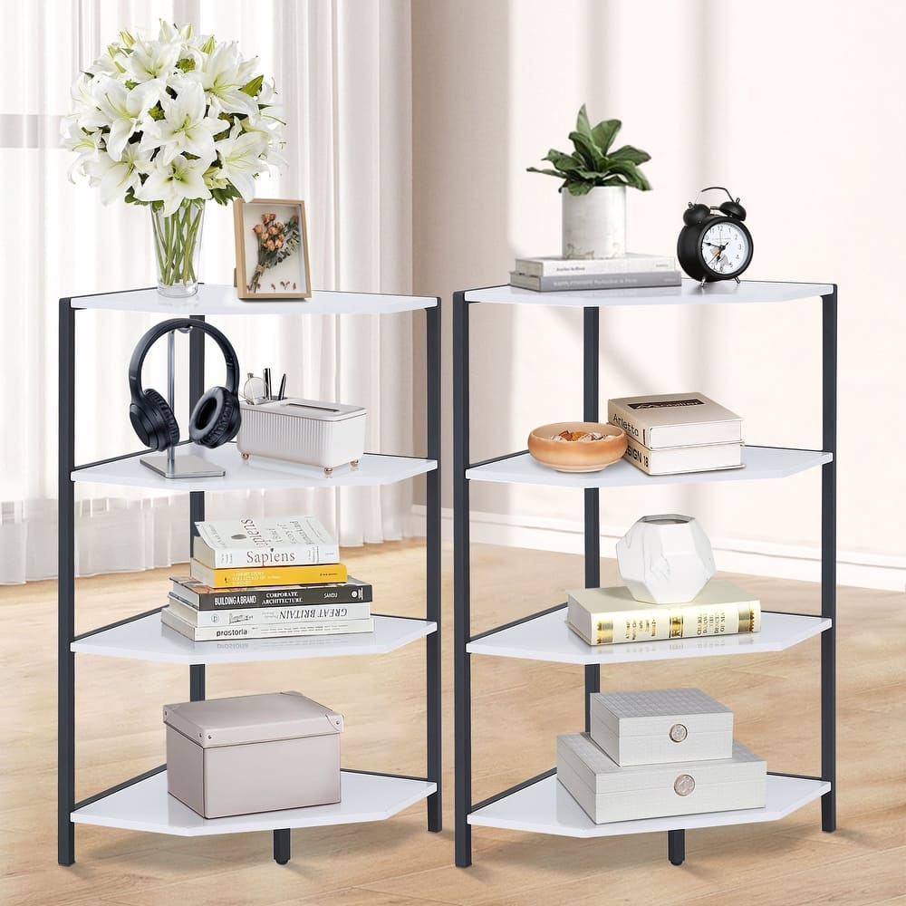 Javlergo Set of 2 Corner Shelf Freestanding 4-Tier Wood Storage Rack