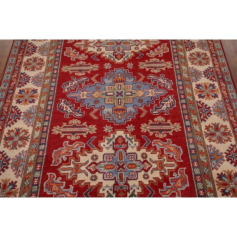 Red Geometric Kazak Area Rug Hand-Knotted Traditional Wool Carpet - 4'10" x 6'9"