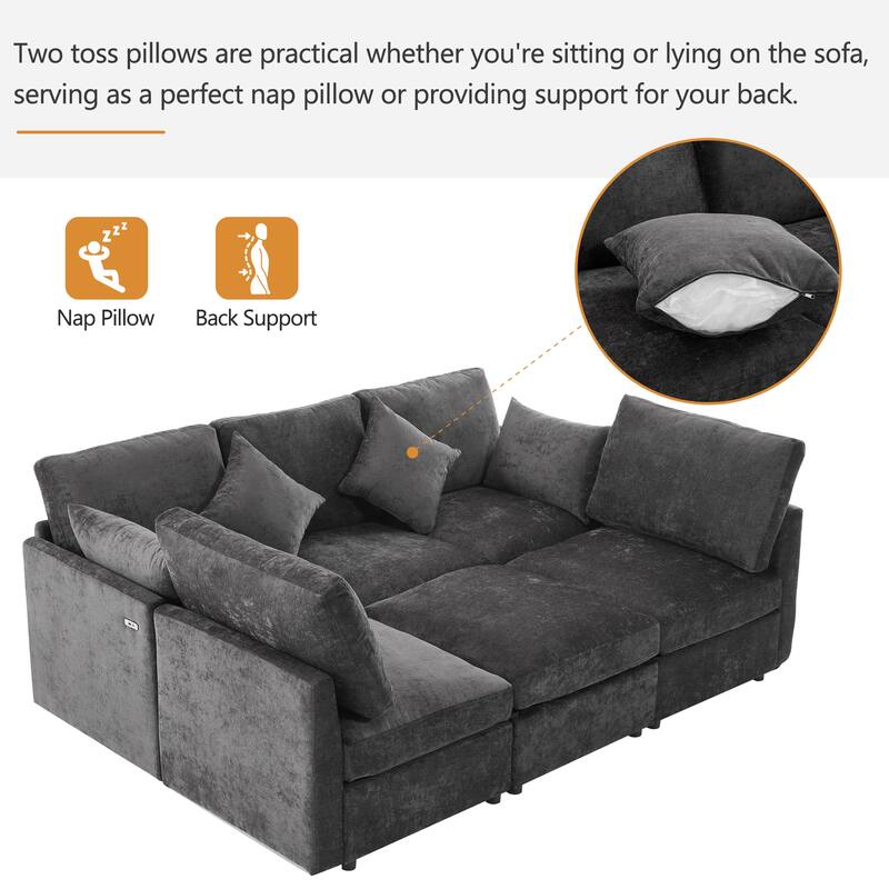 86.6" Modular Sectional Sofa with Ottoman and USB Ports, U-Shaped L-Shape Couch Bed with Chenille Fabric for Living Room