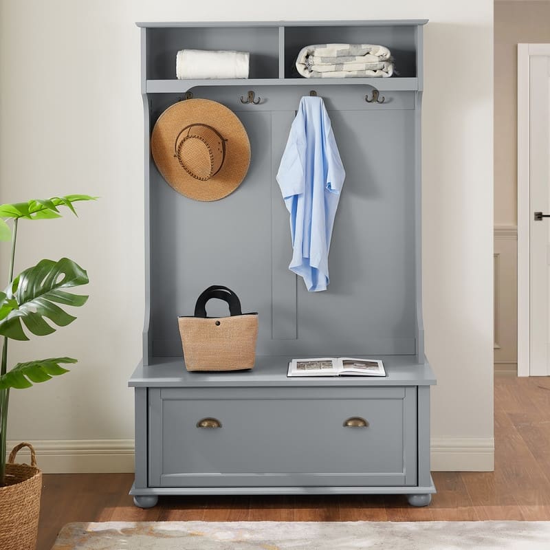 Classic Cosatal Style Hall Tree Entryway Bench with Open Shelves and Shoe Cabinets, SOLID WOOD Feet,40"W*18.5"D*64.5"H