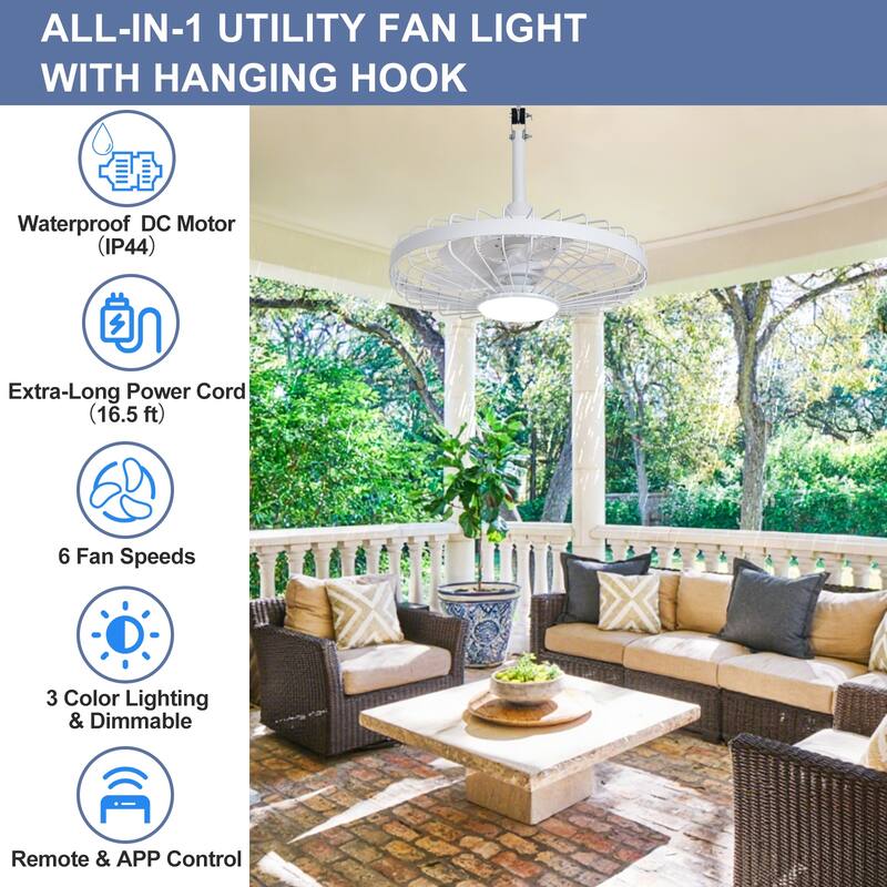 Outdoor Ceiling Fan with Light: 20 Inch Waterproof Gazebo Hanging - Plug in Remote App Control Caged Fans - 6 Speed Black