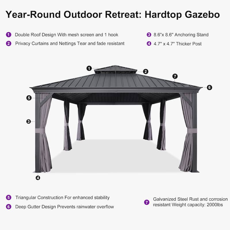 PURPLE LEAF Outdoor Galvanized Steel Hardtop Gazebo, Aluminum Frame Gazebo With Curtains
