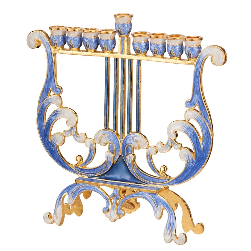 Matashi Hand-Painted Spinning Dreidel Holiday Ornaments & Blue-Ivory Harp Menorah Candelabra w/ Crystals Jewish Hanukkah Gift