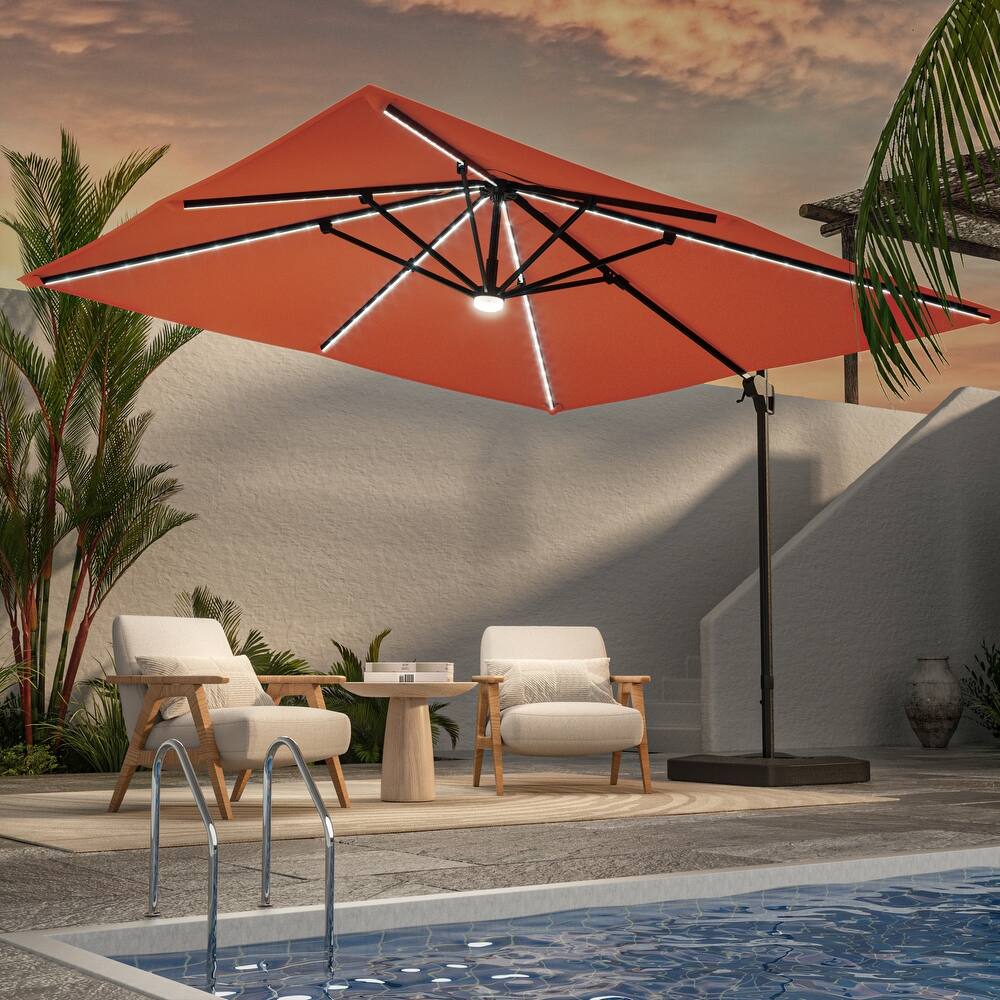 LIVOOSUN Patio10x10FT LED Aluminum Cantilever Umbrella Solution-Dyed Fabric w/Base