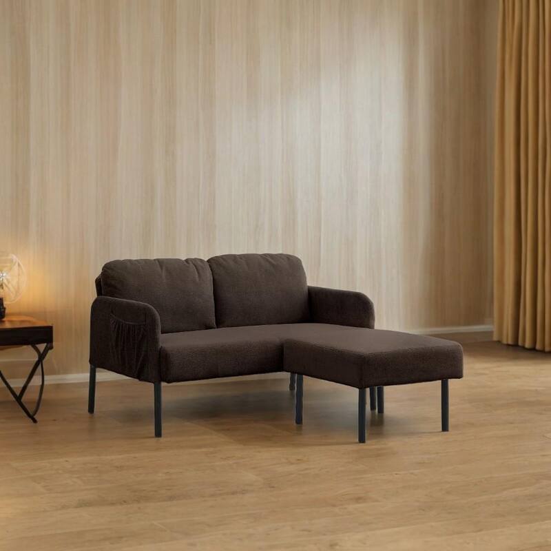 L-Shaped 2 Seater Sofa with Ottoman, Modern Polyester Fabric Loveseat Sofa, Comfy Small Couches for Small Space