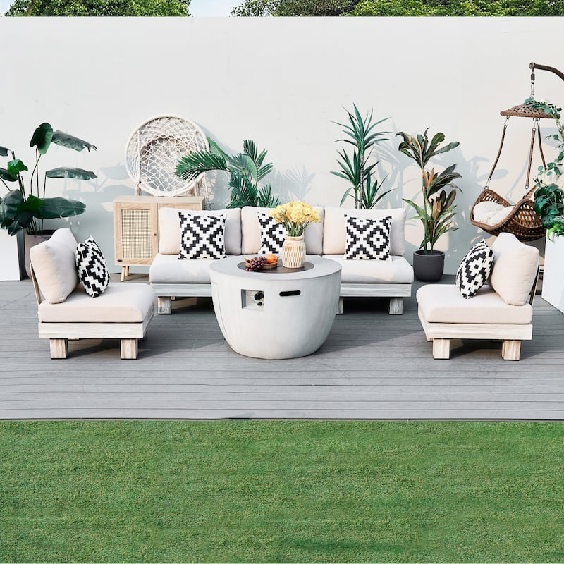 5/7-Seat Multifunctional Outdoor Fire Pit Sofa Set Conversation Set with Semicircle Fire Pit Table - 5-Seat