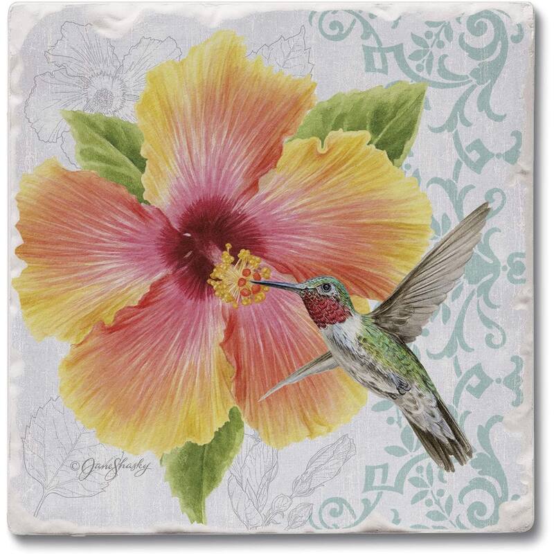 Absorbent Stone Beverage Coasters - Set of 4 - Hibiscus - Multi-144