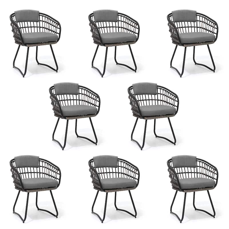 Outdoor Patio Wicker Dining Chairs PE Rattan Seating Set with Cushion - Grey - Set of 8