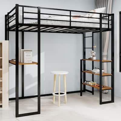 Iron Frame Bunk Bed with L-shaped Desk,Railing and Stairs
