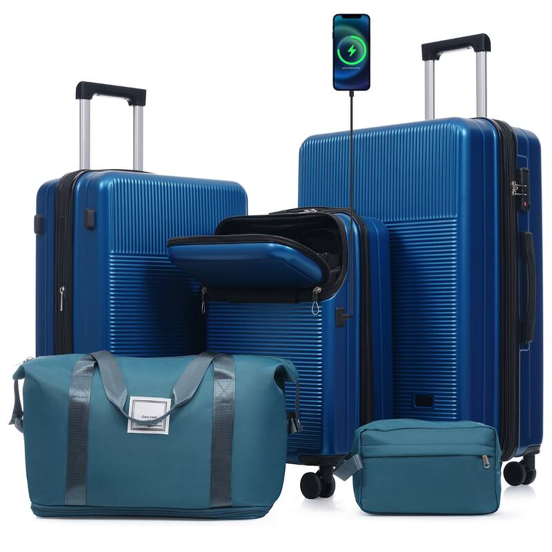 Luggage Sets 5 Piece with Half-opening, Hardside Carry On Suitcase Set with Double Spinner Wheel, with USB Port,TSA Locks - Blue