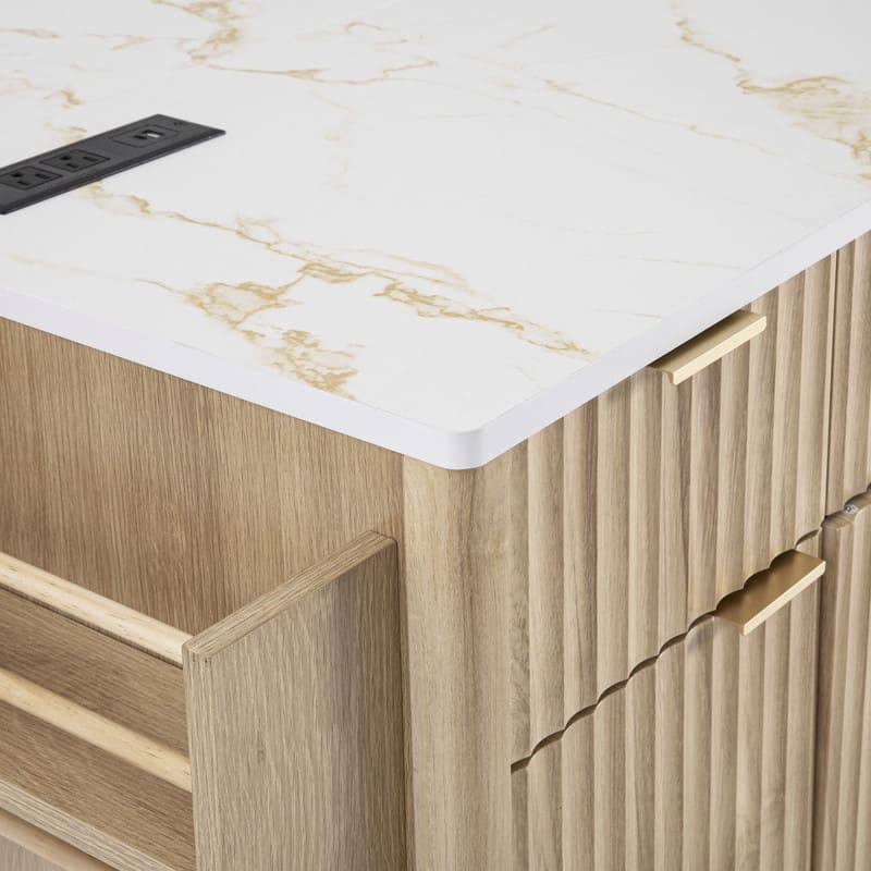 Fluted 55.5" Kitchen Island with Drop Leaf, Rolling Island Table with Drawers, Power Outlet for Functional Kitchen Organization