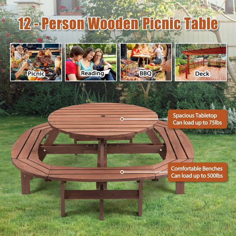 Wooden Outdoor Round Picnic Table w/ Built-in Bench Seats