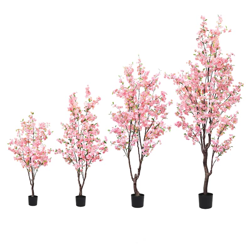5.5ft Pink Artificial Cherry Blossom Flower Tree Plant in Black Pot - 66" H x 34" W x 32" DP