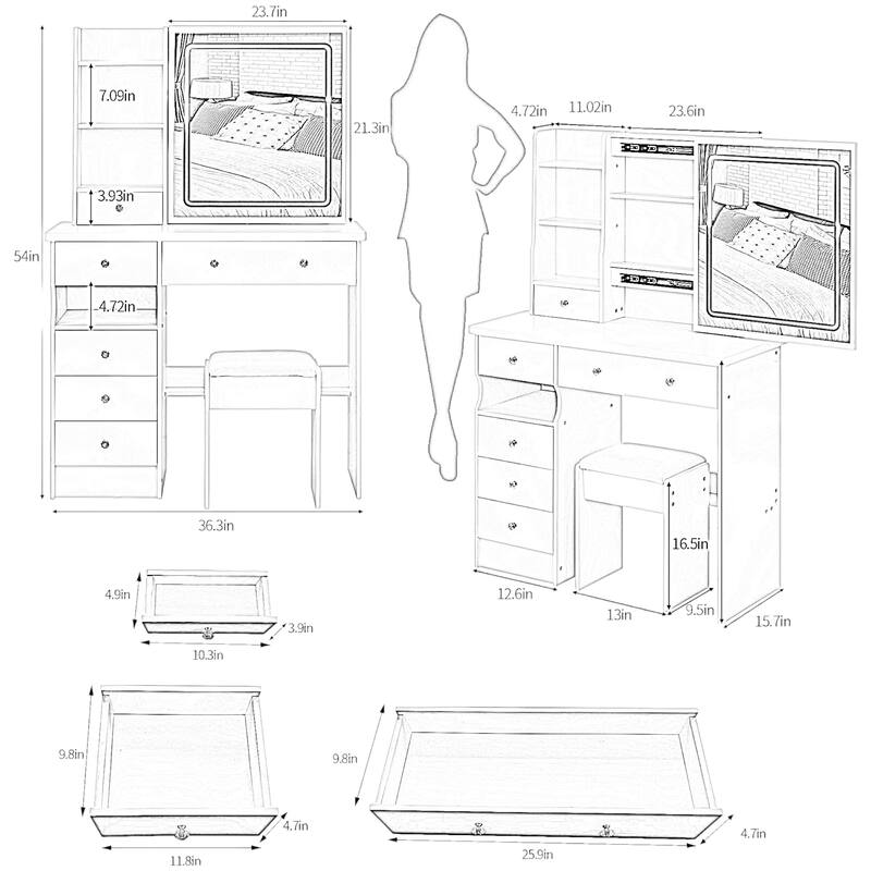 KISRAIS Fashion Vanity Desk with Mirror and Lights, 3 Color Lighting Brightness Adjustable
