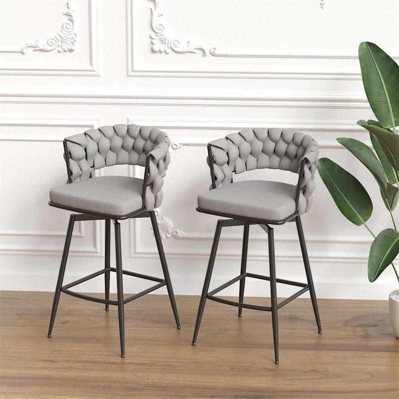 360 Swivel Linen Woven Bar Stool with Back Footrest (Set of 2)