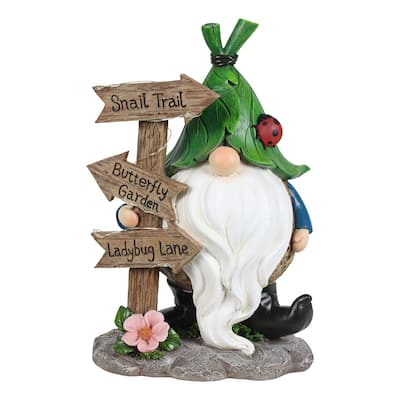 Exhart Solar Hand Painted Gnome with Leaf Hat by a Street Sign Garden Statue, 7.5 by 11 Inches