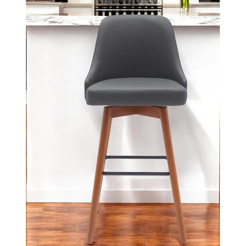 30" Gray and Wood Brown Faux Leather with Solid Wood Swivel Bar Height Bar Chair - Gray