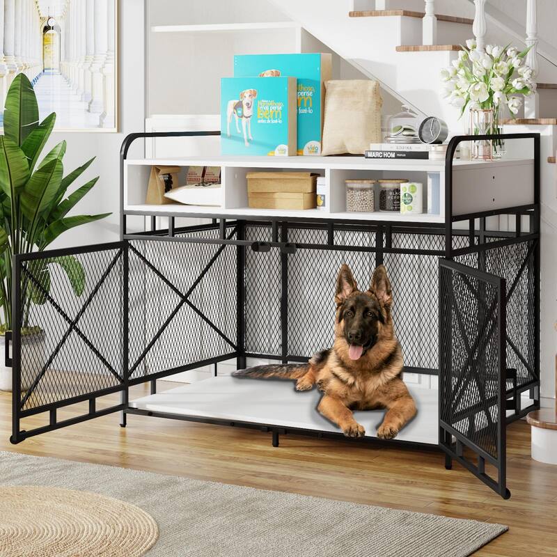 BOSSIN Large Dog Crate Furniture,Wooden Dog Kennel Table with Storage Drawers, Heavy Duty Metal Mesh,Decorative Pet House Indoor