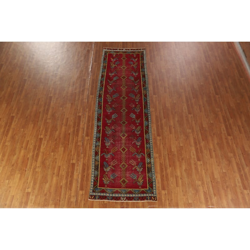 Hand Knotted Oriental 100% Wool Carpet Traditional Geometric Red Karabagh Runner Rug - 12' 0'' X 3' 7''