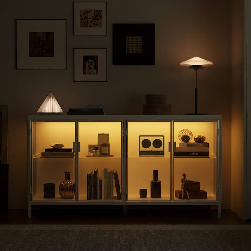 Black Metal & Glass Display Cabinet with LED Lights Accent Cabinet - 55.1"W - White