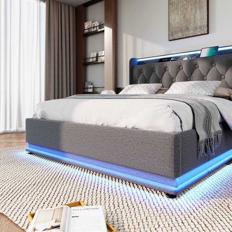 Upholstered Bed with LED Function and USB Charging