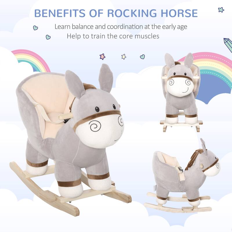 Grey Plush Rocking Horse for Toddlers with Wood Base and Steel Frame Safety Seat Belt Sound - 24" L x 13.5" W x 22.75" H
