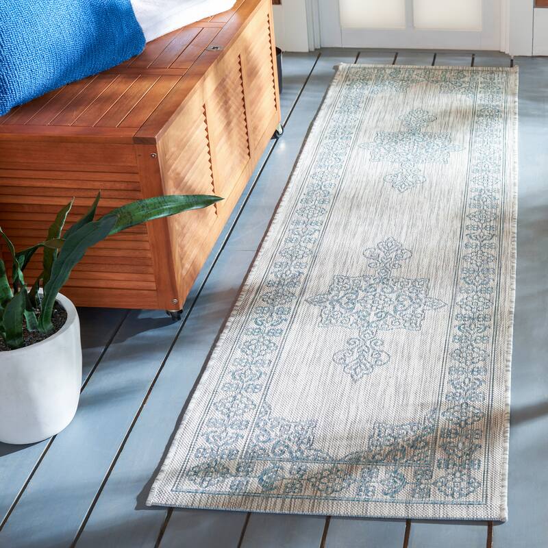 SAFAVIEH Courtyard Maralyn Indoor/ Outdoor Waterproof Patio Backyard Rug - 2'3" x 8' Runner - Grey/Aqua