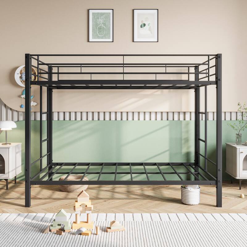 Heavy Duty Twin Over Twin Metal Bunk Bed with Shelf, Safety Rails & Slatted Support - No Box Spring Needed