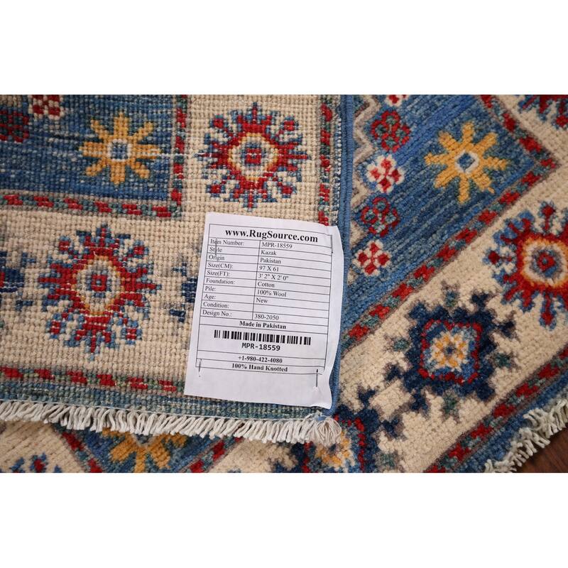 Blue Geometric Kazak Accent Rug Handmade Wool Carpet - 2'0" x 3'2"