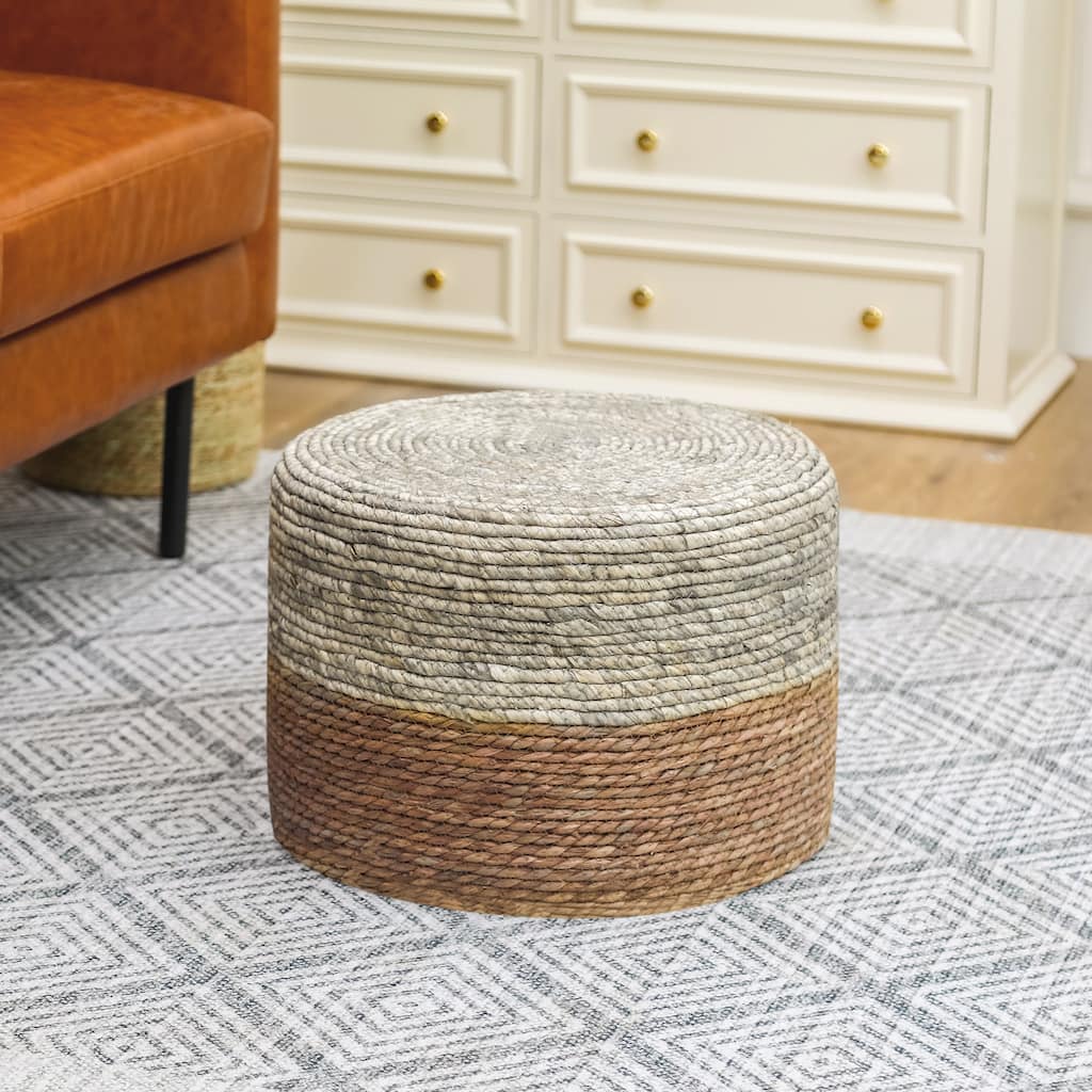 Adeco Ottoman Natural Cattail Hand Weave Round Coffee Table