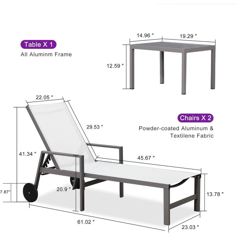 PURPLE LEAF Adjustable Patio Chaise Lounge Set 2 Pieces Lounge Chairs with Wheels and Side Table