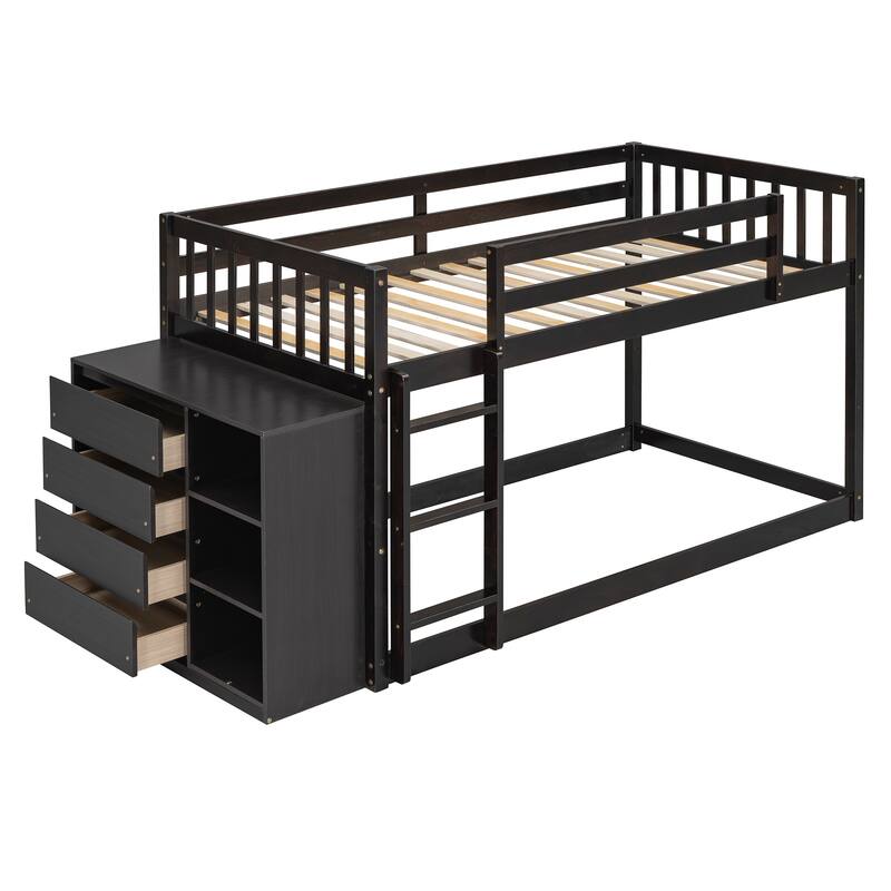 Twin Over Twin Bunk Bed with Storage, 4 Drawers, 3 Shelves, Espresso Finish