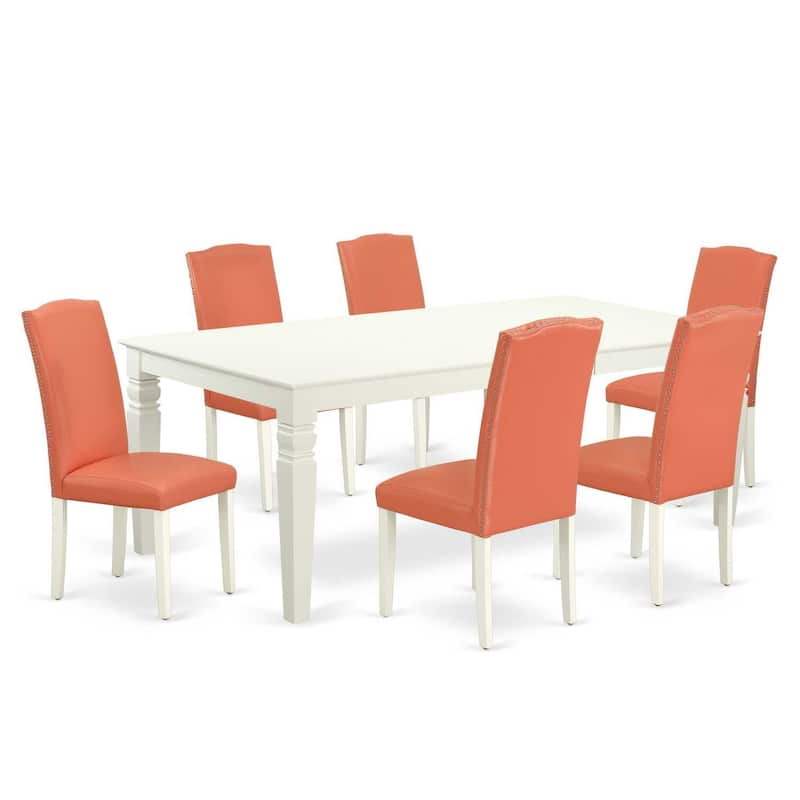 French Country Kitchen Table Set - 7Pc Rectangle Dining Table w/ Chairs - Linen White Legs, Pink Flamingo PU Leather